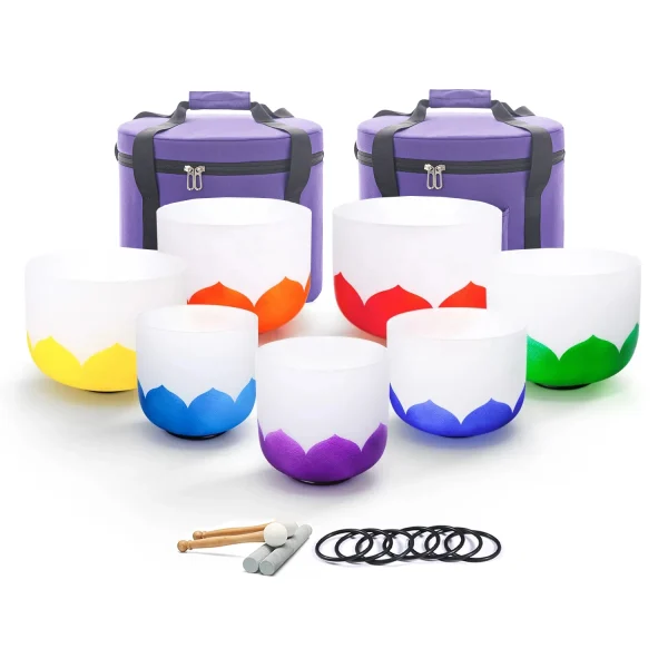 Hye-eun 7-12/6-12 Inch Crystal Singing Bowls Chakra Set of 7pcs with 2 Pcs Carrying Case for Yoga Musical Vibration Total 7 Pcs