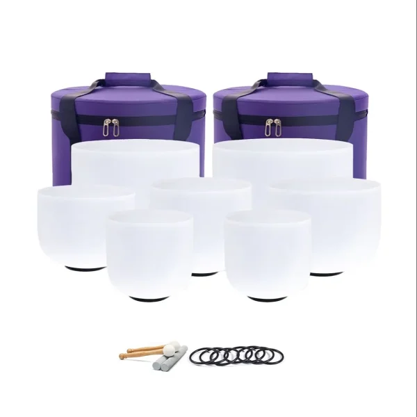 Hye-eun 7-12/6-12 Inch Crystal Singing Bowls Chakra Set of 7pcs with 2 Pcs Carrying Case for Yoga Musical Vibration Total 7 Pcs