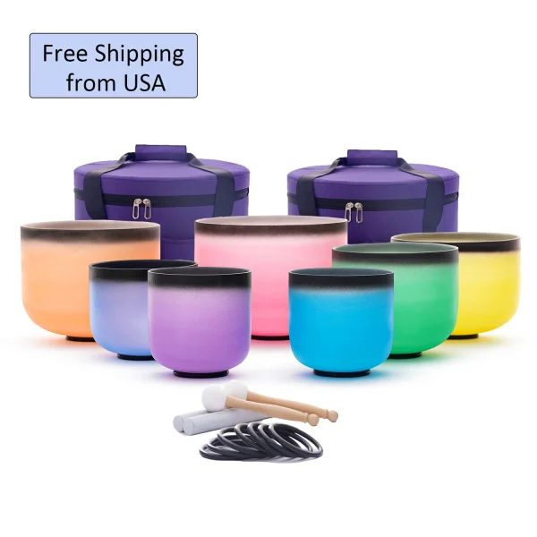 Hye-eun 7-12/6-12 Inch Crystal Singing Bowls Chakra Set of 7pcs with 2 Pcs Carrying Case for Yoga Musical Vibration Total 7 Pcs