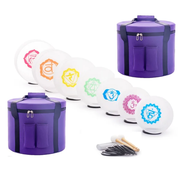 Hye-eun 7-12/6-12 Inch Crystal Singing Bowls Chakra Set of 7pcs with 2 Pcs Carrying Case for Yoga Musical Vibration Total 7 Pcs