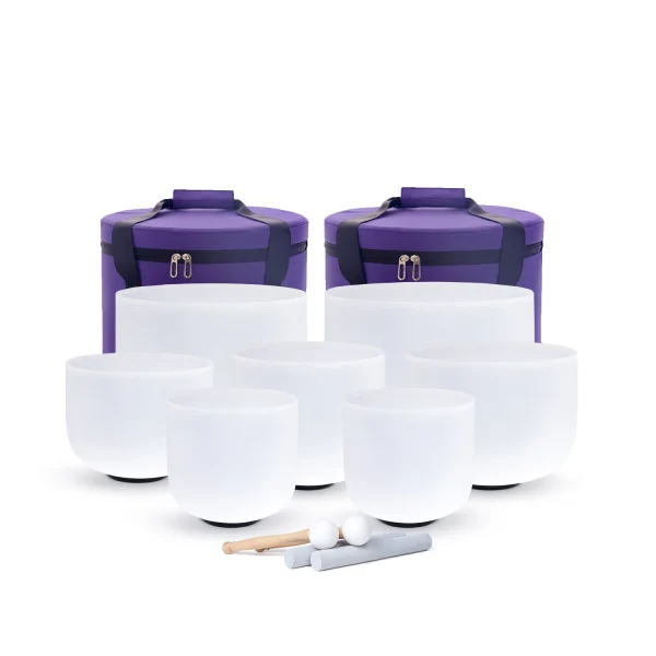 Hye-eun 7-12/6-12 Inch Crystal Singing Bowls Chakra Set of 7pcs with 2 Pcs Carrying Case for Yoga Musical Vibration Total 7 Pcs