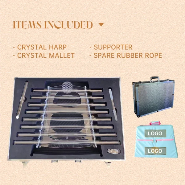 432hz Crystal Singing harp, Yoga Stress Relief Singing Bowl Percussion Crystal Quartz Instrument 8 notes with metal case